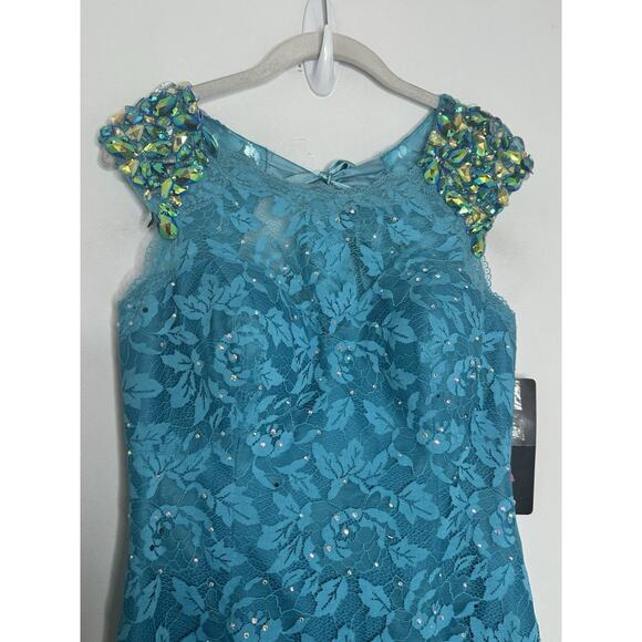 Flirt by Maggie Sottero NEW prom pageant Aqua Full Lace Beaded Mermaid Gown 10 - Picture 3 of 9